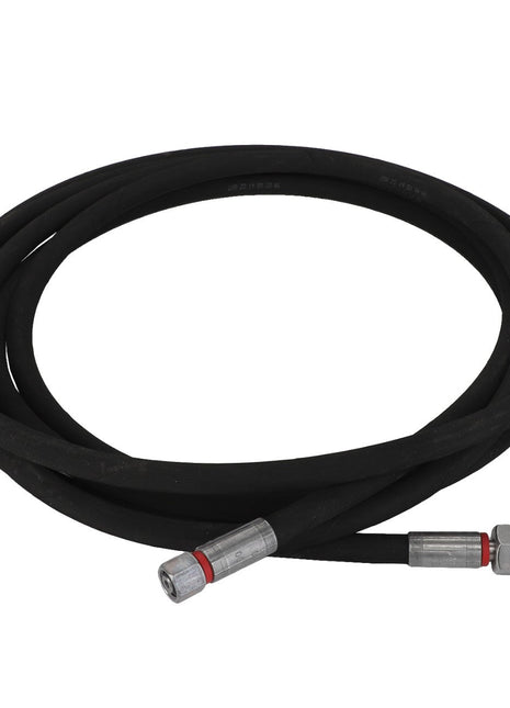 The AGCO Hydraulic Hose - Fel152970 is a durable, coiled black hose with metal fittings on both ends, featuring a straight connection on one end and an angled connection on the other.