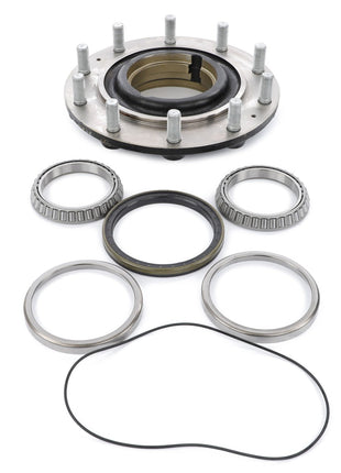 A neatly arranged set of automotive wheel hub components, including a hub, bearings, seals, and an O-ring, displayed on a white background. The AGCO Kit Hub - Acp0300360 is ideal for maintaining your AGCO tractor with AGCO Parts Genuine quality.