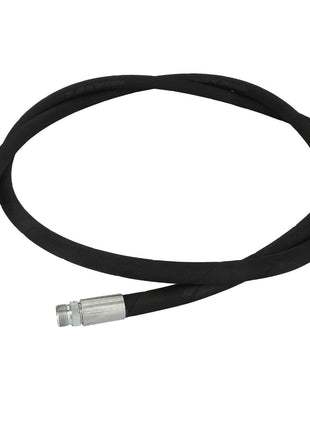 The AGCO Hydraulic Hose - Acw3445340, a black high-performance hydraulic hose with metal fittings and abrasion-resistant coverings, is coiled on a white background.