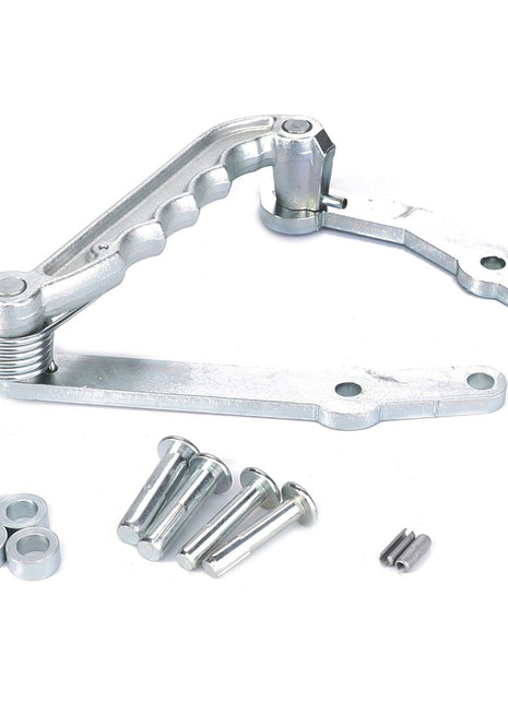 A genuine AGCO Handle Kit, Trailer Hitch Clevis - F816500072040 with accompanying screws, spacers, and a pin on a white background.