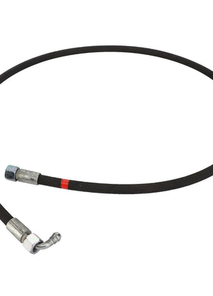 The AGCO Hydr. Hose - Acp0296390 is a black, flexible hose equipped with metal connectors on both ends: one straight and the other angled. It features a distinctive red marking near one end. Currently, there is no product description available for this item.