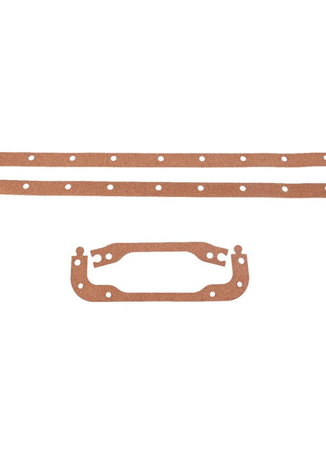 Three brown cork gaskets, identified as AGCO Oil Sump Gasket - V836322538, are arranged on a white background. Two long and narrow gaskets are positioned at the top, while a shorter, rectangular gasket is placed at the bottom. No current product description is available for this item from AGCO.