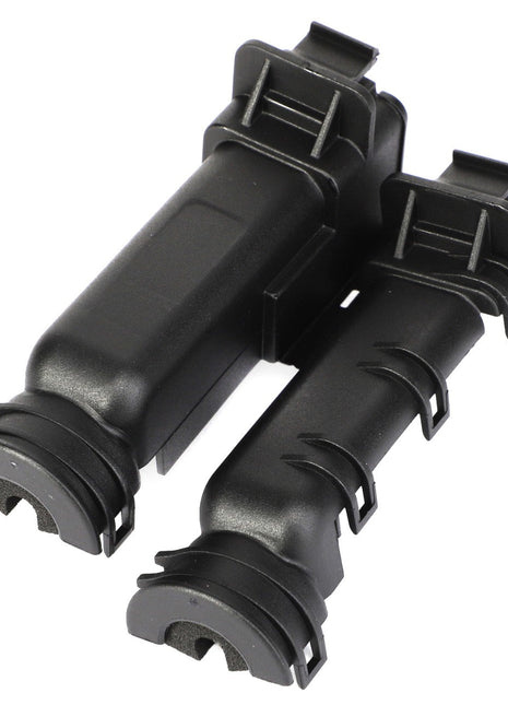 The AGCO Connector Sleeve - Acp0614130 by AGCO consists of two black plastic automotive connectors with locking mechanisms, cylindrical bodies, and grooved handles that are slightly angled towards each other.