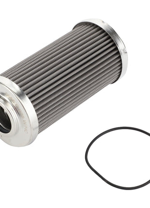 The AGCO Hydraulic Filter Element Kit - Acp0313690 features a cylindrical metal filter with a fine mesh adjacent to a black circular rubber gasket, all set against a white background. No current product description available.