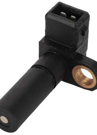 The AGCO Engine Speed Sensor - F002900020090 is a black cylindrical automotive sensor that features a connector port and a mounting hole.