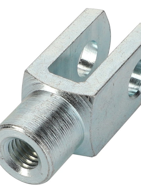 Introducing the AGCO Fork - V30337000, a metal U-joint designed with a threaded hole on one end and two parallel holes on the other, brought to you by the trusted brand AGCO.