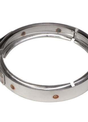 The AGCO | V-Band Clamp - AG130246 by AGCO is a stainless steel clamp featuring a bolt-tightening mechanism that delivers robust radial clamping force, making it ideal for securing cylindrical objects or pipe connections, even in harsh conditions.