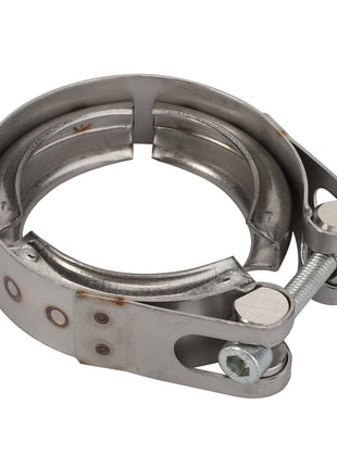 No Current Product Description Available: The AGCO | Profile Clip - Acp0359580 is a metal V-band clamp with a T-bolt closure, typically used for securing piping and tubing connections in automotive and industrial applications.