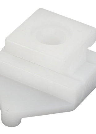 AGCO | SLIDER - F716501030200: A white plastic bracket from AGCO with a rectangular base, an angled front, and a circular hole at the top. No additional product description information is currently available besides these key features.