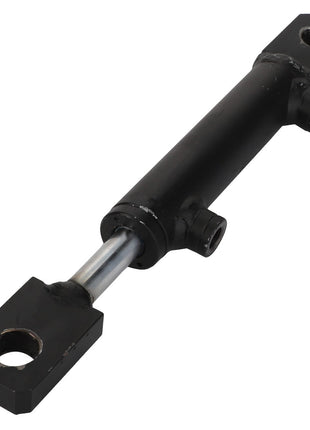 A sleek black AGCO hydraulic cylinder featuring a silver piston rod, designed with mounting holes on both ends for easy attachment.