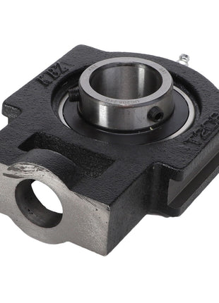 Introducing the AGCO | BEARING - AG703811 by AGCO: a black and silver housed bearing unit featuring a bore hole, specifically designed for mounting on machinery or equipment.