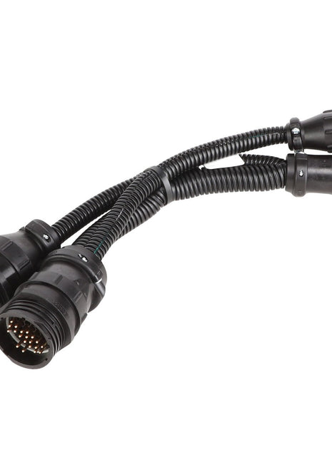 The AGCO Adapter Cable, Viper Console - AG427106 is a black Y-splitter cable with circular connectors on both ends, featuring flexible, corrugated tubing for protection and ensuring operational safety. Trust AGCO Parts Genuine Electrics for your electrical parts needs.