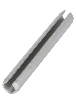 Close-up of the AGCO | Roll Pin - Fel107469, a cylindrical metal pin featuring a slit running along its length, pictured on a white background.