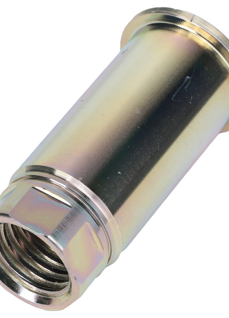 The AGCO Hex Bushing - Acw7014150, a chrome-plated threaded metal connector ideal for plumbing or automotive applications, lies horizontally on a pristine white background.