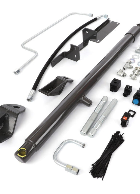 The AGCO Additional Header Lifting Ram - C1173011 kit, featuring metal brackets, hoses, bolts, and assorted hardware pieces, is neatly arranged on a plain white background. No current product description information is available.