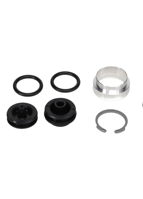 A collection of small mechanical parts, including o-rings, a metal spring, a metallic ring, and black plastic components arranged on a white background, reminiscent of the precision found in the AGCO Turbo Valve Kit - AG723383 for optimal engine performance.