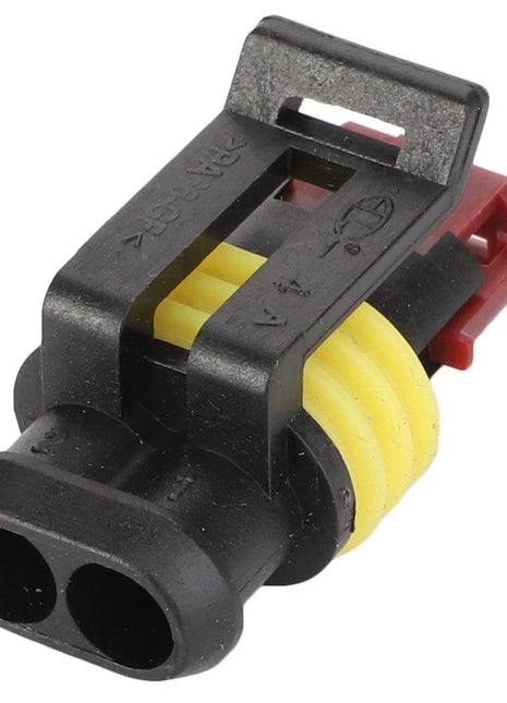 A close-up image of the AGCO Electrical Connector - D44900804, featuring a black and yellow design with two input slots and a red clip.