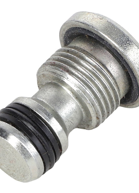 A close-up of the AGCO PLUG - AL11120621, showcasing its metallic threaded design and rubber O-ring. No current product description information is available.