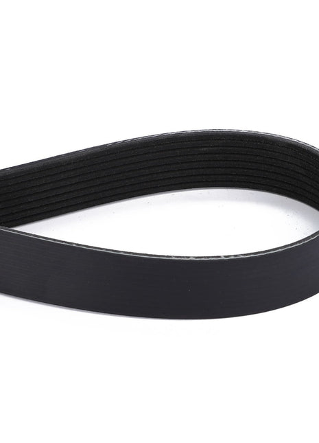 The AGCO Serpentine Belt, Pk8 Profile - Acw1752880, designed for optimal performance in machinery or engines, is shown looped against a white background. This black rubber V-belt meets stringent engine specifications and ensures reliable functionality. Ideal for those seeking AGCO Genuine Serpentine Belts.