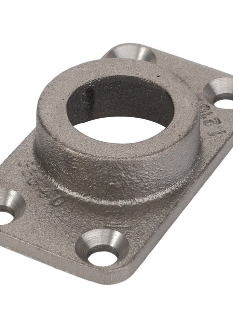 Introducing the AGCO Bearing - D26735996: This metallic flange features a central circular hole and four mounting holes at the corners.