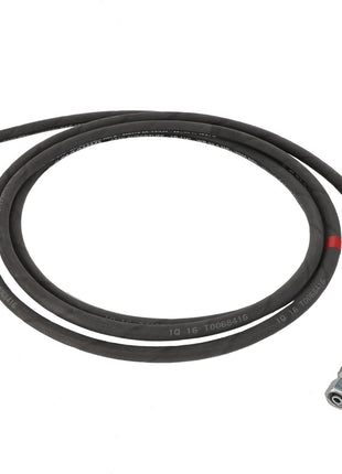 Introducing the AGCO | Hose - Acw0593310, a durable black hydraulic hose featuring coiled design and metal connectors at both ends. Despite the lack of detailed product description available, this hose offers a robust solution for your hydraulic needs.