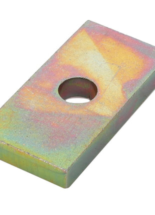 A rectangular metal washer with a central hole featuring a multicolored, slightly iridescent finish from the brand AGCO, specifically the product named AGCO | BRACKET - D25500240. No current product description information available.