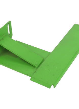 AGCO | Belt Guide - D26733790: This green metal bracket features two perpendicular flat plates and multiple mounting holes. No current product description information available.