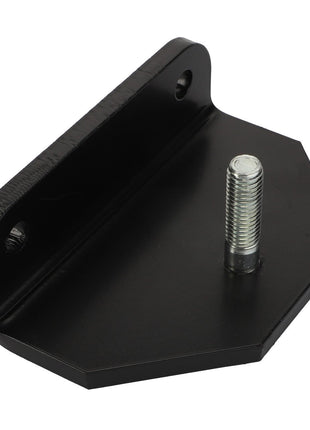 The AGCO | LEFT HAND BRACKET - D28286051 is a black metal bracket with a hexagonal base and one protruding threaded bolt. There is no current product description information available, but the upright section features two visible mounting holes.