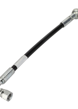 Introducing the AGCO | Hose - Acp0666700 from AGCO: a flexible hydraulic hose featuring metal fittings at both ends—one end with a convenient 90-degree bend and the other end straight. This black hose is equipped with a segment of protective sleeving, ensuring enhanced durability. It's the perfect solution when existing product descriptions don't quite meet your requirements.