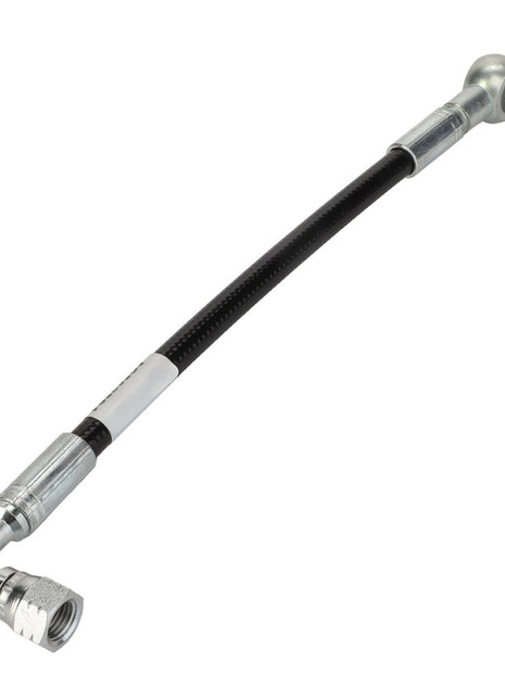Introducing the AGCO | Hose - Acp0666700 from AGCO: a flexible hydraulic hose featuring metal fittings at both ends—one end with a convenient 90-degree bend and the other end straight. This black hose is equipped with a segment of protective sleeving, ensuring enhanced durability. It's the perfect solution when existing product descriptions don't quite meet your requirements.