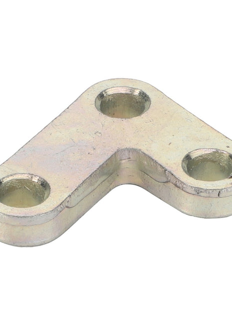 The AGCO Lever - 1695656M1 is a small, V-shaped metal bracket featuring three holes designed for screws or bolts, making it suitable for construction or assembly tasks. This bracket is compatible with Massey Ferguson models such as the MF 390 2WD, providing essential fitment information to ensure secure and effective use.