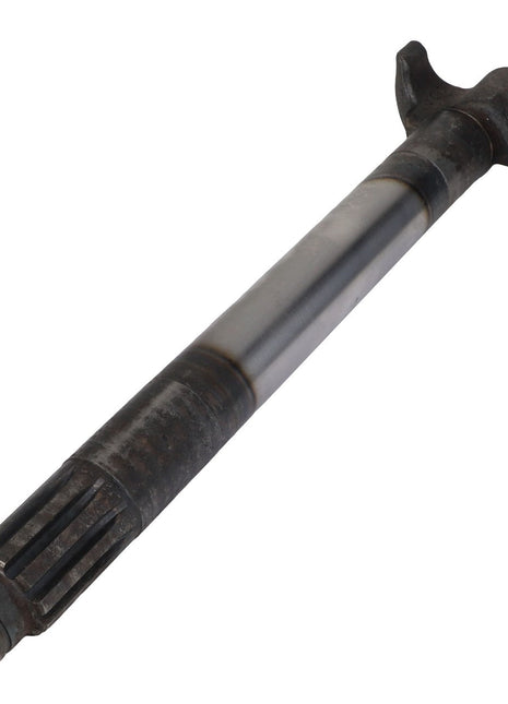 The AGCO right-hand camshaft, model AG725722, is a metal gear shaft featuring a splined end, cylindrical center, and flanged base designed for use in machinery. There is no additional product description information available for this item at the moment.