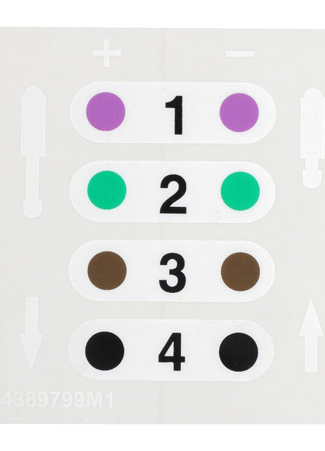 A chart featuring numbers 1 to 4, each paired with differently colored circles—purple for 1, green for 2, brown for 3, and black for 4. At the top, plus and minus symbols are displayed, reminiscent of the AGCO hydraulic controls decal (Product Number: 4389799M1) used in Massey Ferguson Models.