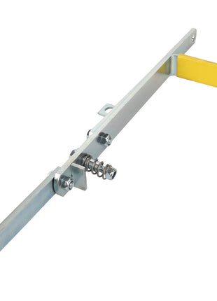 The AGCO | LEVER KIT - AL5220265 by AGCO includes a metal lever mechanism featuring a yellow handle grip, a spring, and multiple attachment points along a sleek, flat metal bar.