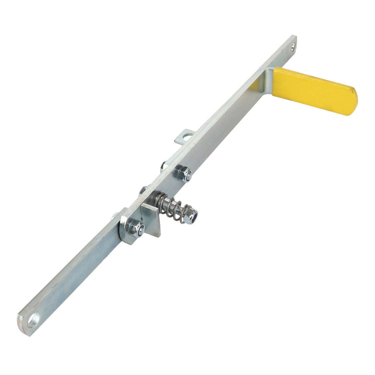 The AGCO | LEVER KIT - AL5220265 by AGCO includes a metal lever mechanism featuring a yellow handle grip, a spring, and multiple attachment points along a sleek, flat metal bar.