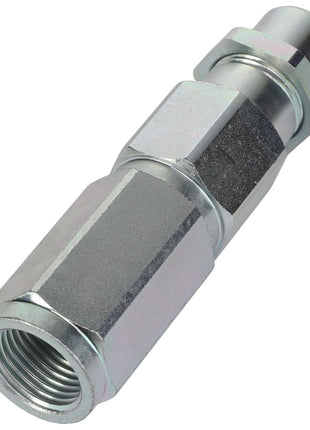 Introducing the AGCO | QUICK COUPLER - AL5045000 by AGCO, a metallic hexagonal threaded connector with a cylindrical end. This coupler is designed for joining pipes or hoses in plumbing or industrial applications, ensuring secure and reliable connections.