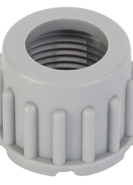 A gray plastic threaded cap with a ribbed outer surface designed for easy gripping, known as the AGCO | Tensioner, Electric Connector - D45020080. No current product description information is available.