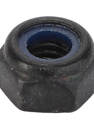 The AGCO Nylock Nut - Acw6056630, a sturdy hexagonal metal fastener, features a striking blue ring on its inner side.