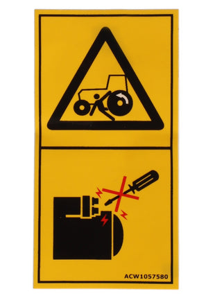 The AGCO | Decal - Acw1057580 from the brand AGCO is a yellow warning sign illustrating a tractor with a person beneath it in the upper section and a screwdriver causing sparks near machinery in the lower section.