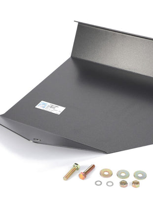 AGCO | Front Axle - C1146004, a flat, rectangular metallic panel with an attached bracket, comes with various small bolts, nuts, and washers arranged beside it. Currently, no additional product description information is available.