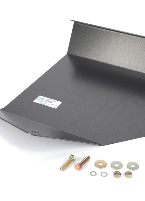 AGCO | Front Axle - C1146004, a flat, rectangular metallic panel with an attached bracket, comes with various small bolts, nuts, and washers arranged beside it. Currently, no additional product description information is available.