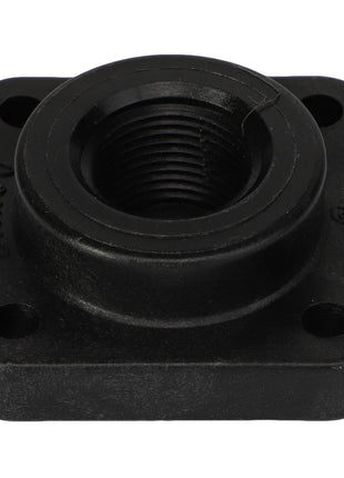 The AGCO End Plate - Ag006563 is a black, square-shaped metal flange featuring a threaded center hole and four mounting holes at the corners.