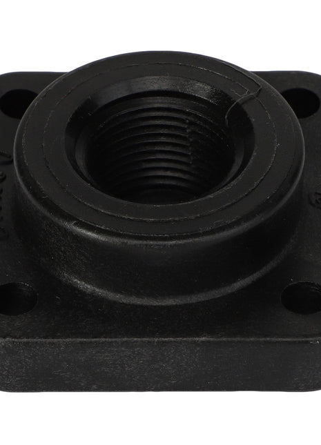 The AGCO End Plate - Ag006563 is a black, square-shaped metal flange featuring a threaded center hole and four mounting holes at the corners.