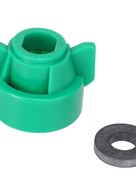 A green AGCO Quick TeeJet Cap for an oval fitting (model ACP0484590) and a separate metal washer are displayed against a white background. For more information about this product, please contact our support team.