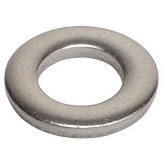 The AGCO | FLAT WASHER - AG330523 is a metal washer with a circular shape and a central hole, typically used in conjunction with bolts and nuts to distribute the load evenly.