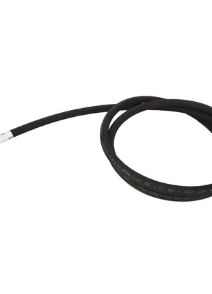 Product Description: The AGCO HOSE - AL9032530 by AGCO is a coiled black hydraulic hose equipped with metal connectors at both ends, featuring one angled connector and one straight. No further information is needed to appreciate the durability and reliability of this essential component.