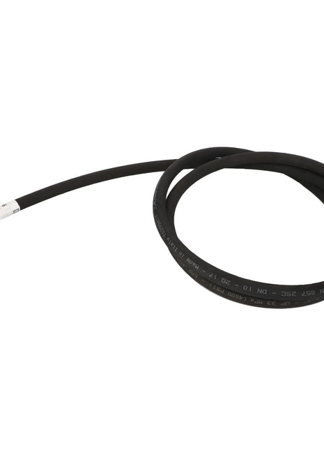 Product Description: The AGCO HOSE - AL9032530 by AGCO is a coiled black hydraulic hose equipped with metal connectors at both ends, featuring one angled connector and one straight. No further information is needed to appreciate the durability and reliability of this essential component.