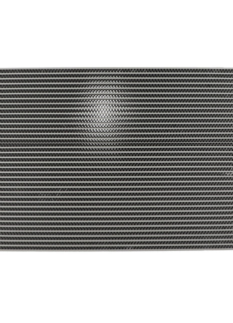 Image of the AGCO OIL COOLER - D28785651, an industrial heat exchanger with metal fins and pipes on the sides. The internal structure is visible, showing rows of finely spaced metal fins. Product by AGCO.