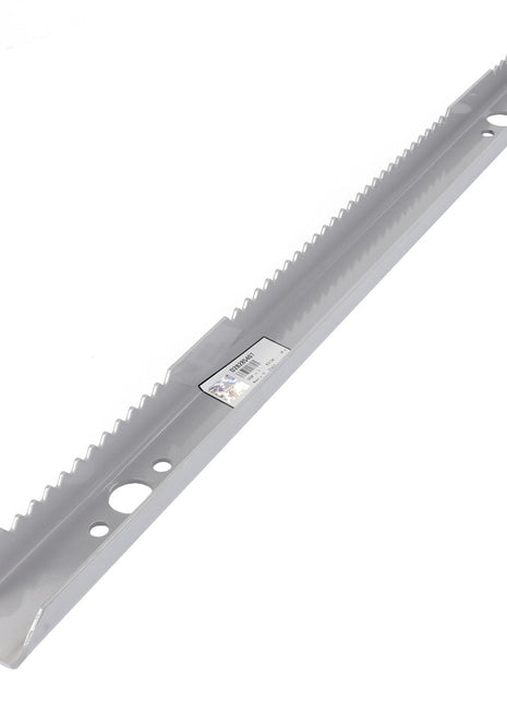 This AGCO Chain Feeder Slat, Left (product code: D28285407), is a long gray metal rail featuring serrated edges, a central label, multiple holes, and a v-shaped end, meticulously designed for peak efficiency.