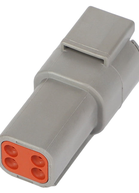 A gray electrical connector with four orange ports, identified as the AGCO | CONNECTOR PLUG - AG523787, brand AGCO, with no additional information available.